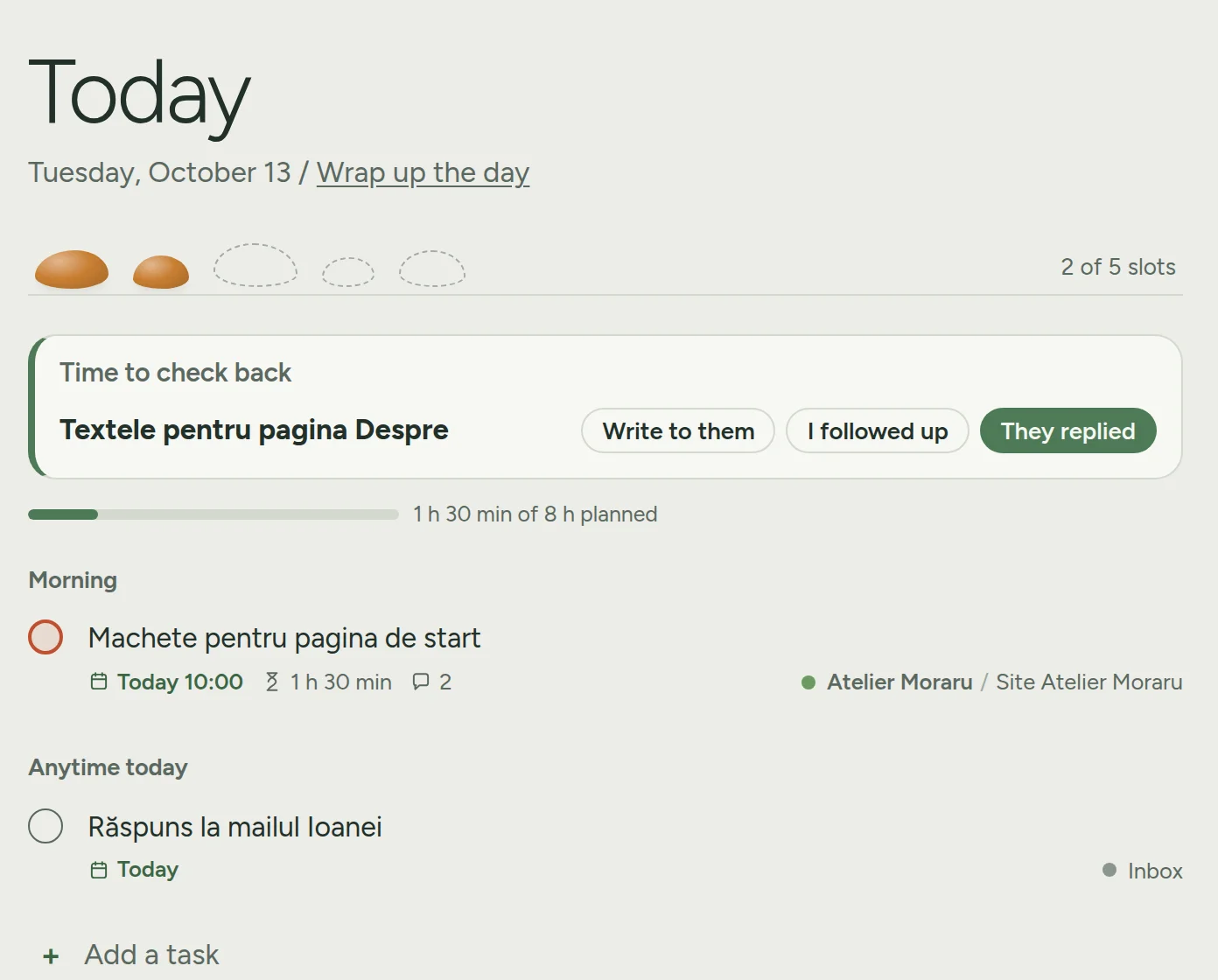 Finilist's Today page, with two of five slots taken